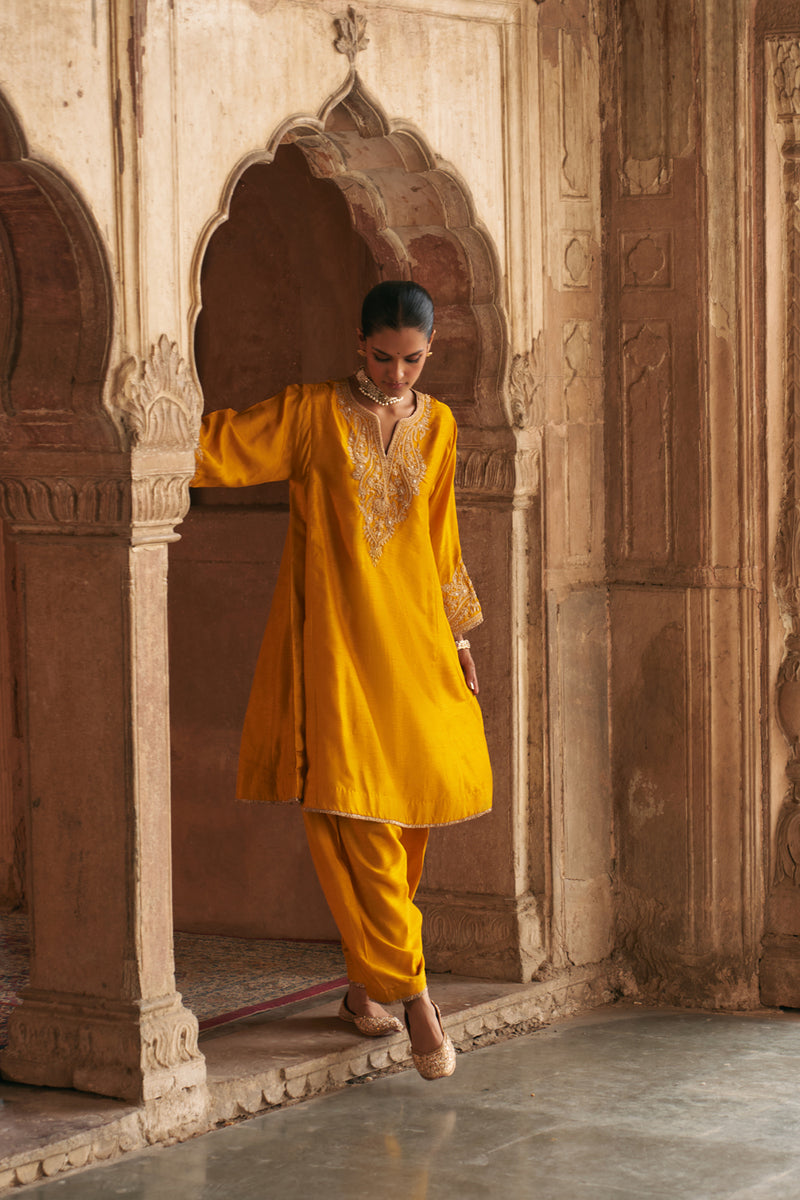 Marwa-Short Chauga With Salwar-Mustrad upada silk kurta/kurta set by SHEETAL BATRA in mustrad for women Worldwide