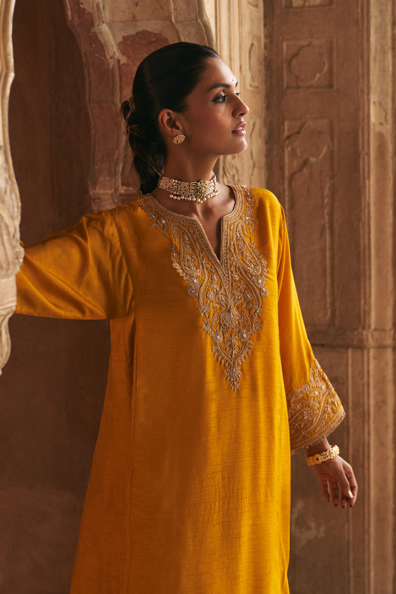 Marwa-Short Chauga With Salwar-Mustrad upada silk kurta/kurta set by SHEETAL BATRA in mustrad for women Worldwide