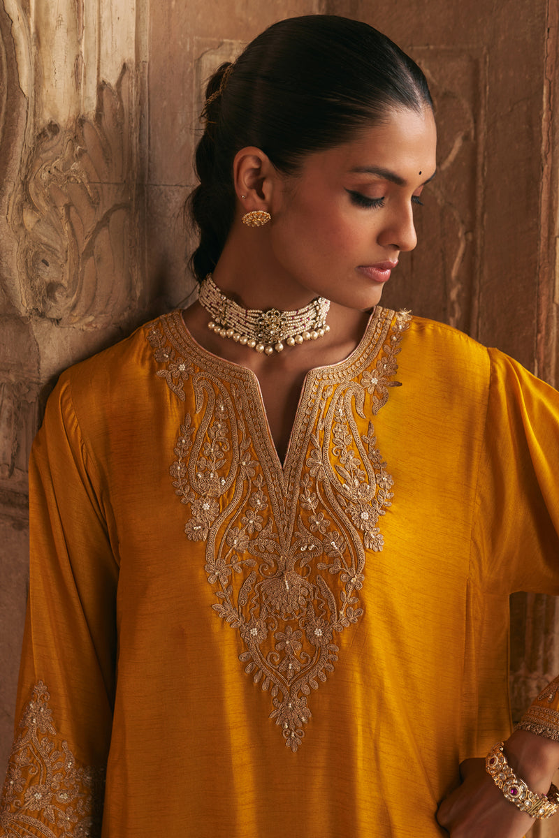Marwa-Short Chauga With Salwar-Mustrad upada silk kurta/kurta set by SHEETAL BATRA in mustrad for women Worldwide