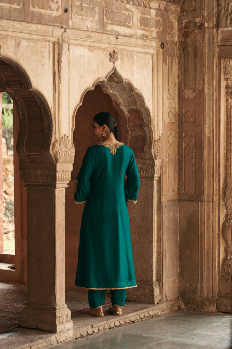 Haayat-Long Kaftan With Salwar-Emerald Green upada silk kurta/kurta set by SHEETAL BATRA in green for women Worldwide