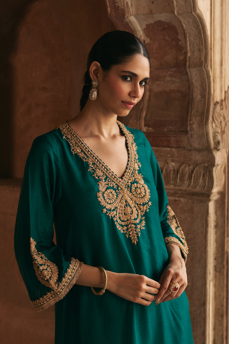 Haayat-Long Kaftan With Salwar-Emerald Green upada silk kurta/kurta set by SHEETAL BATRA in green for women Worldwide