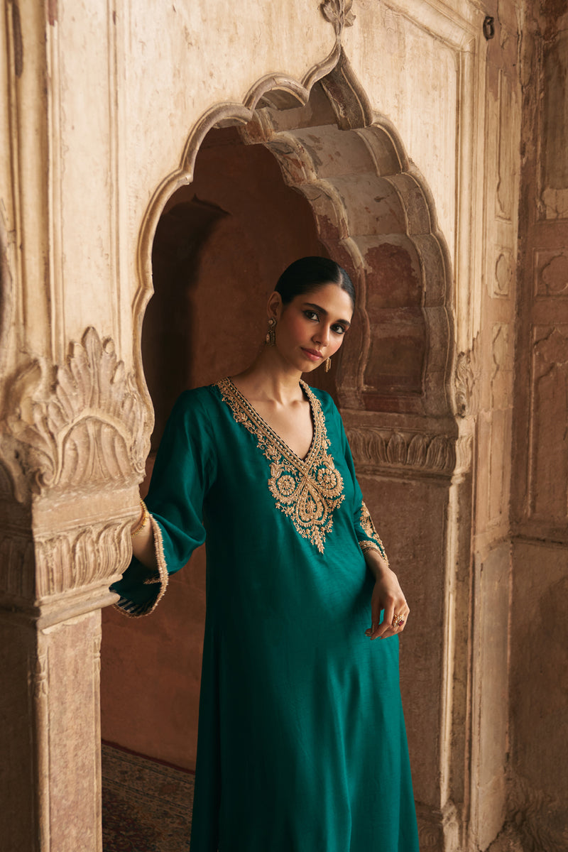 Haayat-Long Kaftan With Salwar-Emerald Green upada silk kurta/kurta set by SHEETAL BATRA in green for women Worldwide