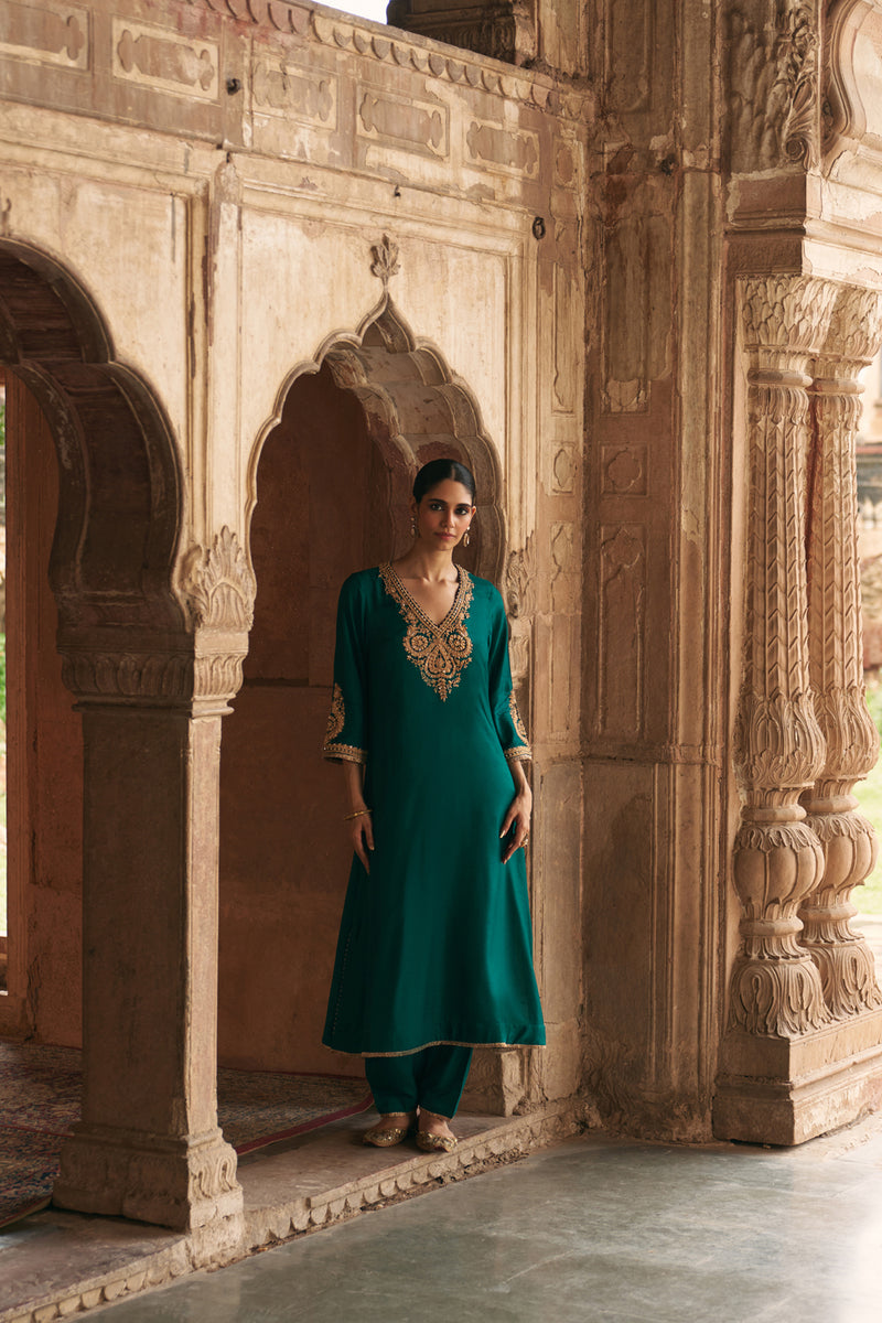 Haayat-Long Kaftan With Salwar-Emerald Green upada silk kurta/kurta set by SHEETAL BATRA in green for women Worldwide