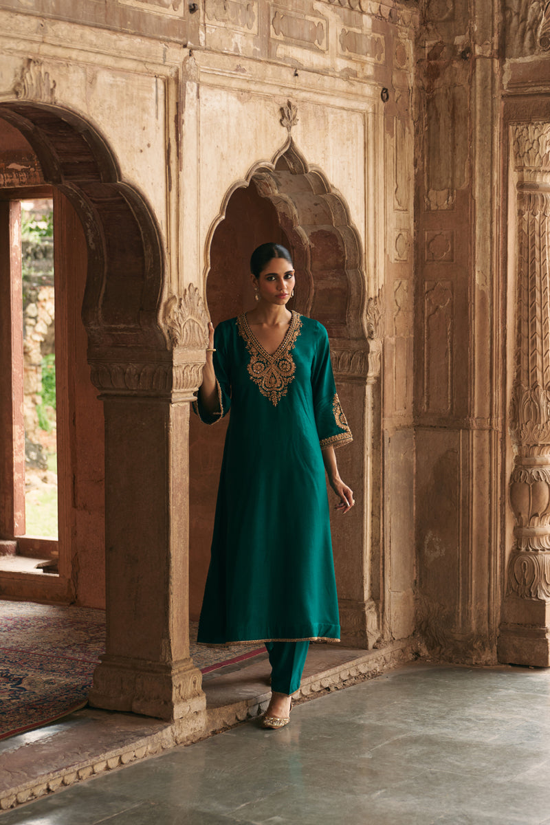 Haayat-Long Kaftan With Salwar-Emerald Green upada silk kurta/kurta set by SHEETAL BATRA in green for women Worldwide