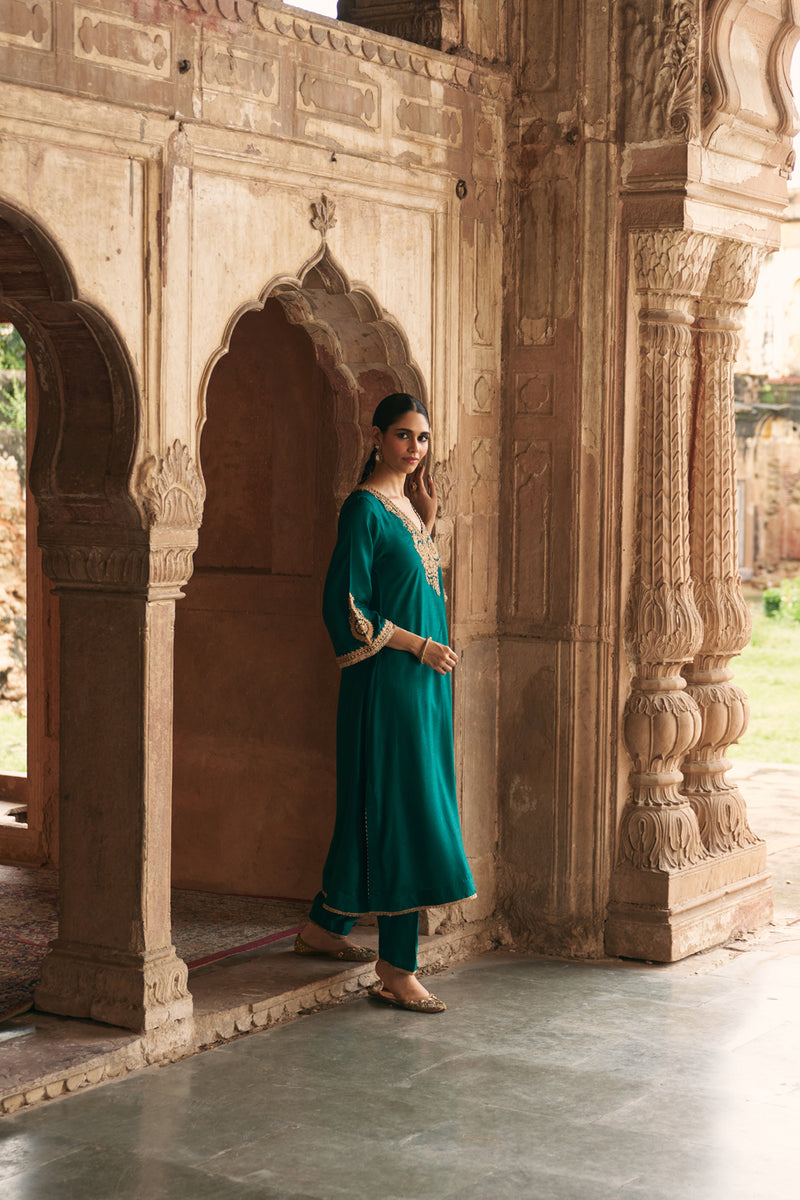 Haayat-Long Kaftan With Salwar-Emerald Green upada silk kurta/kurta set by SHEETAL BATRA in green for women Worldwide