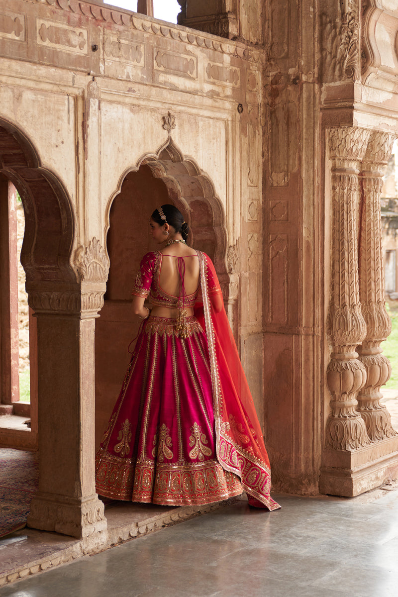AMARA - HOTPINK LEHENGA rawsilk lehenga sets by SHEETAL BATRA in pink for women Worldwide