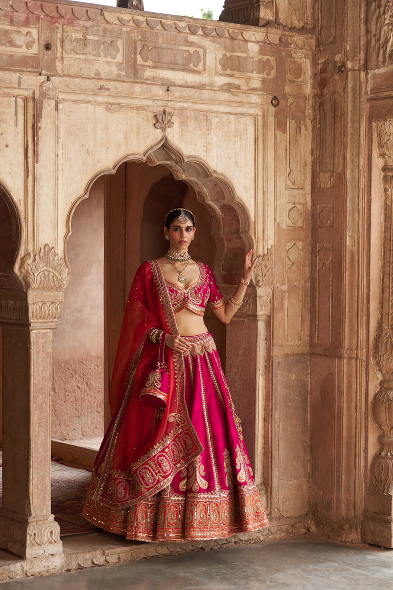 AMARA - HOTPINK LEHENGA rawsilk lehenga sets by SHEETAL BATRA in pink for women Worldwide