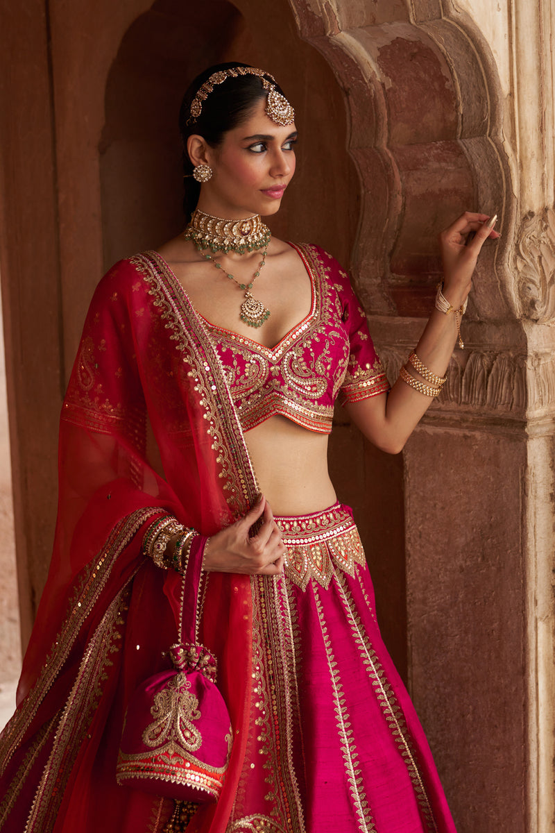 AMARA - HOTPINK LEHENGA rawsilk lehenga sets by SHEETAL BATRA in pink for women Worldwide