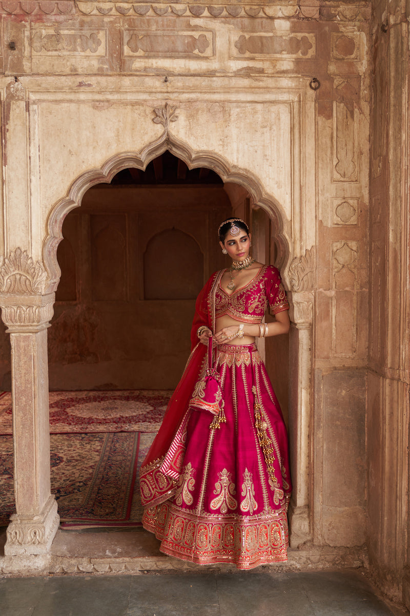 AMARA - HOTPINK LEHENGA rawsilk lehenga sets by SHEETAL BATRA in pink for women Worldwide
