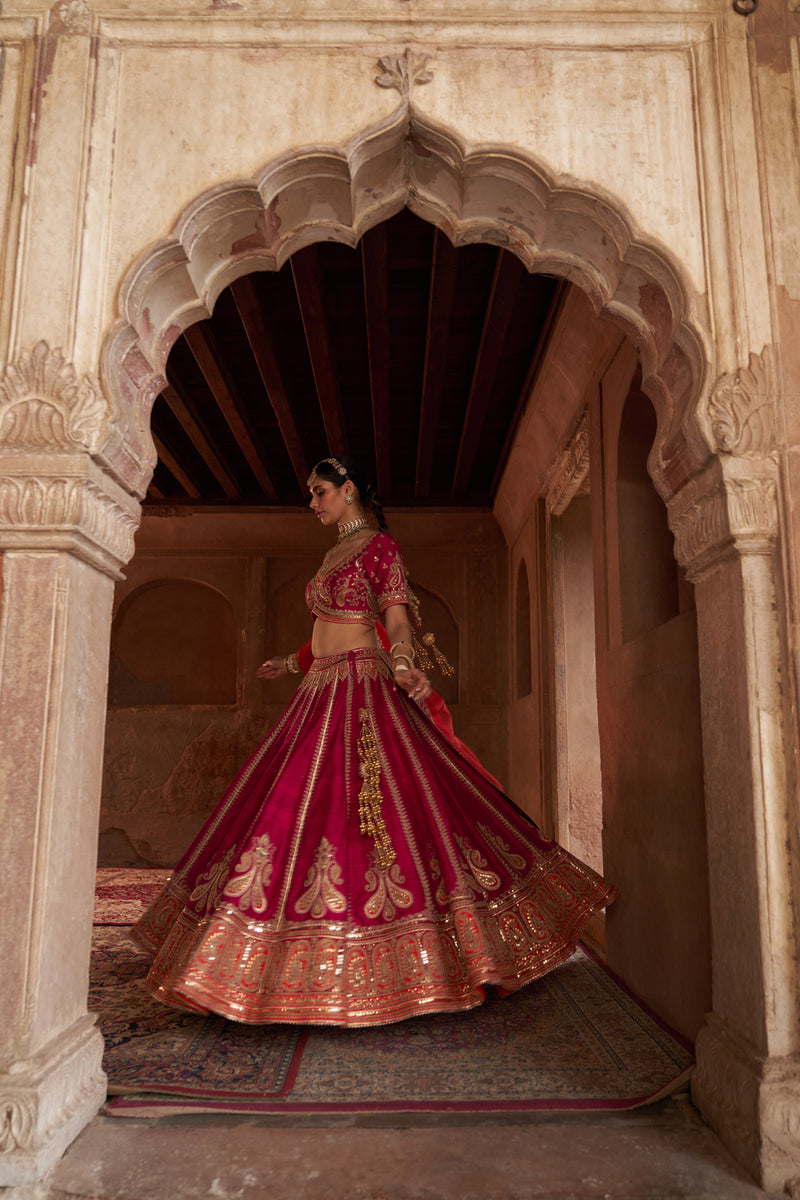 AMARA - HOTPINK LEHENGA rawsilk lehenga sets by SHEETAL BATRA in pink for women Worldwide