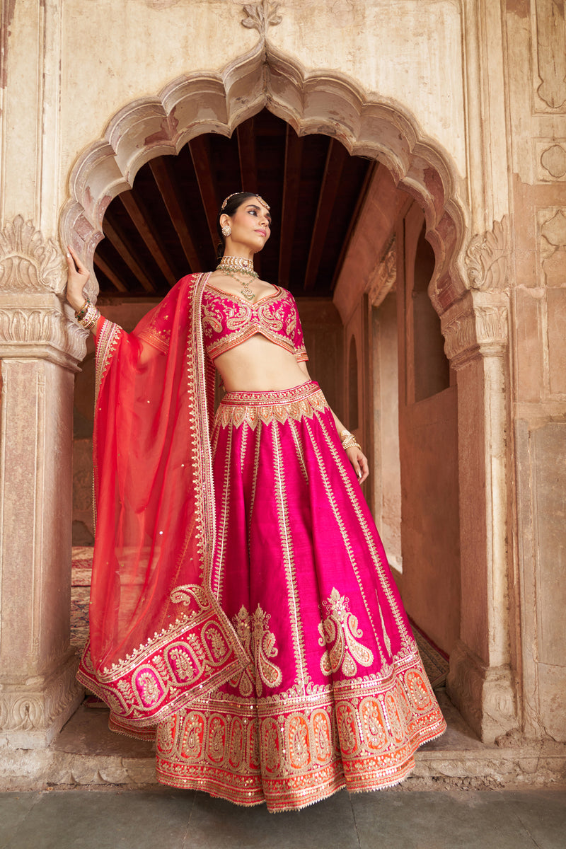 AMARA - HOTPINK LEHENGA rawsilk lehenga sets by SHEETAL BATRA in pink for women Worldwide