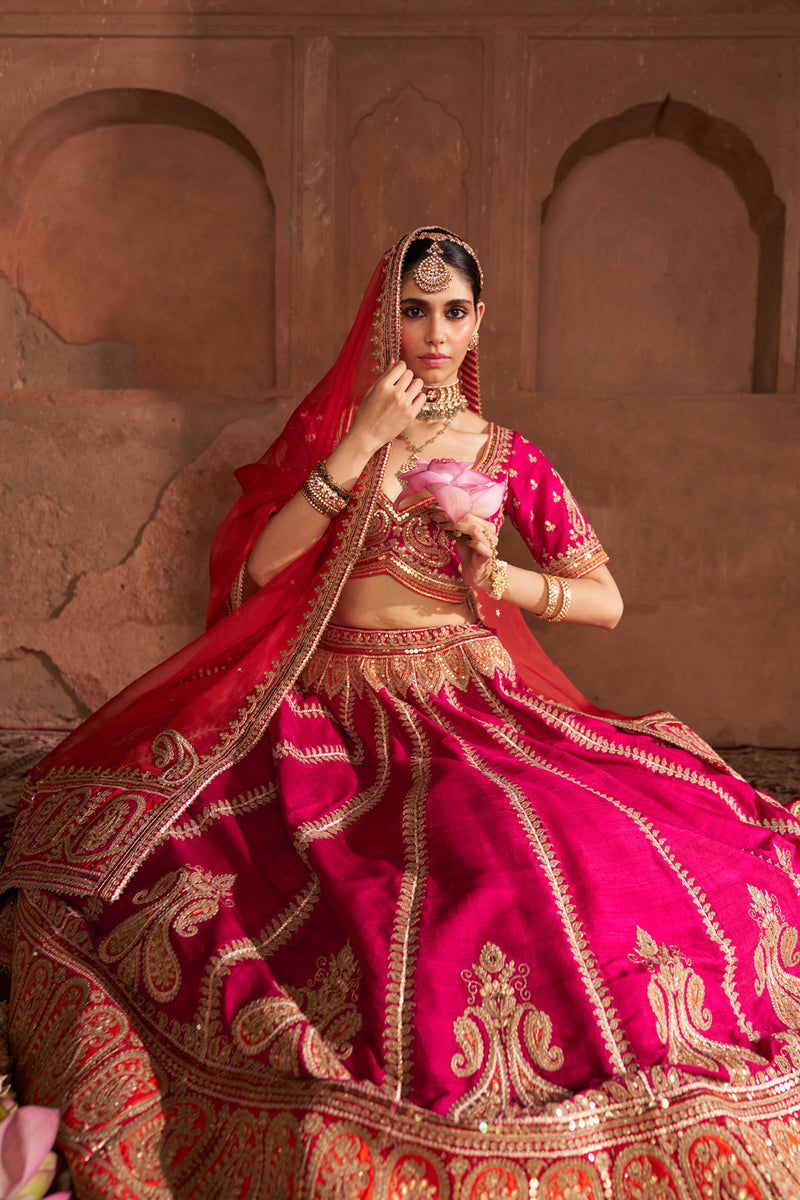 AMARA - HOTPINK LEHENGA rawsilk lehenga sets by SHEETAL BATRA in pink for women Worldwide