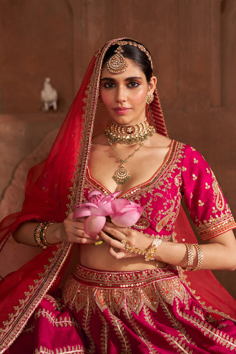 AMARA - HOTPINK LEHENGA rawsilk lehenga sets by SHEETAL BATRA in pink for women Worldwide