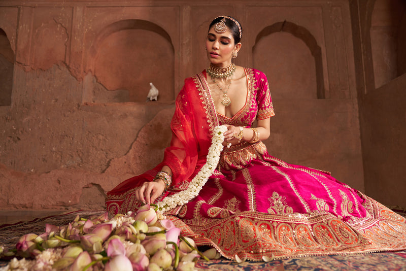AMARA - HOTPINK LEHENGA rawsilk lehenga sets by SHEETAL BATRA in pink for women Worldwide