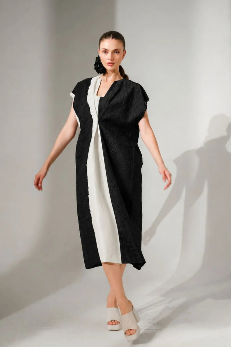 Ripple Dress-Black + Natural crushed silk dress by Stoique in black, natural for women Worldwide