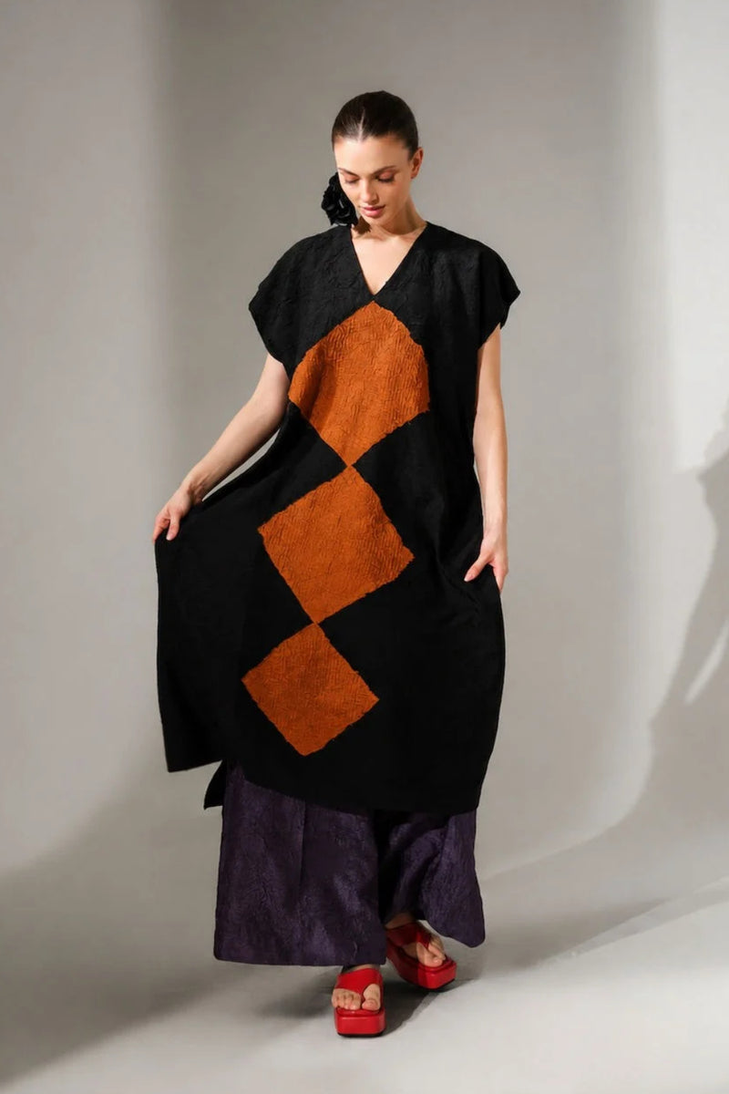Facet Tunic-Black + Ochre crushed silk tunics and kaftans by Stoique in black, ochre for women Worldwide