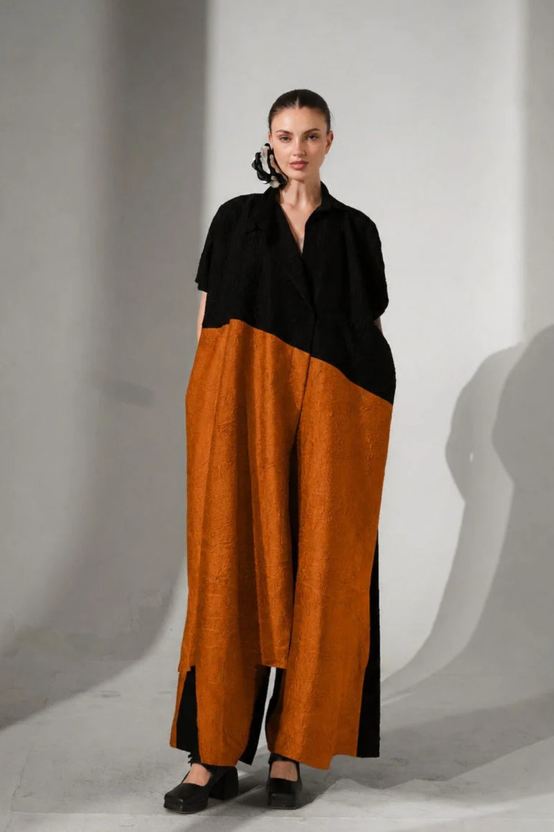 Awaken Tunic-Black + Ochre crushed silk tunics and kaftans by Stoique in black, ochre for women Worldwide