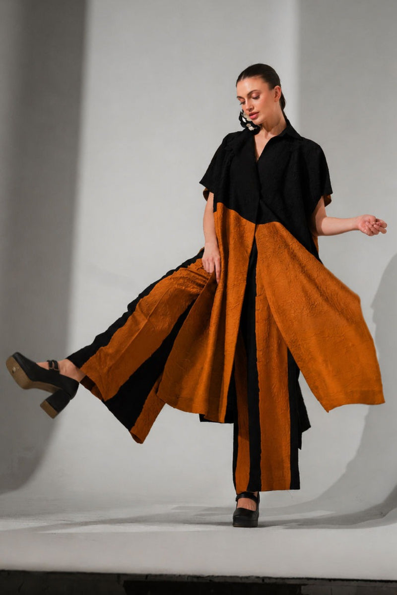 Union Pants-Black + Ochre crushed silk pant/trouser by Stoique in black, ochre for women Worldwide