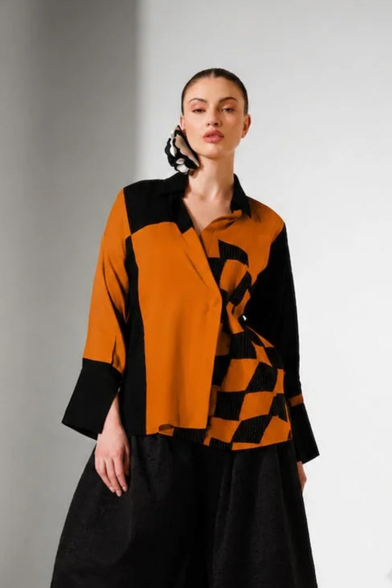 Dew Shirt-Black + Ochre mysore silk top/shirt by Stoique in black, ochre for women Worldwide