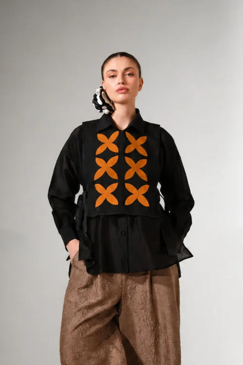 Pebble Shirt-Black + Ochre silk chanderi top/shirt by Stoique in black, ochre for women Worldwide