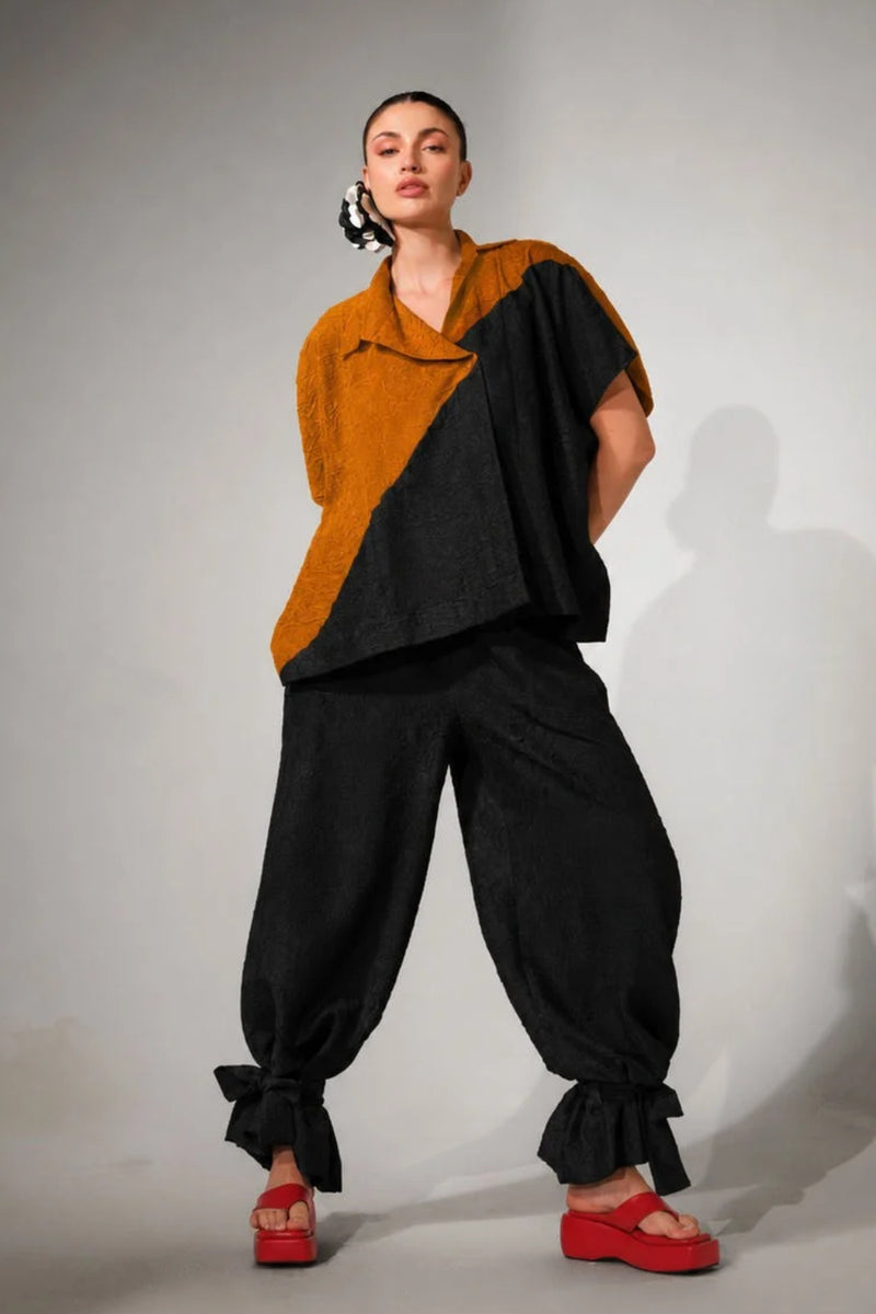Emerge Overlay-Ochre + Black crushed silk jacktes and overlays by Stoique in ochre, black for women Worldwide