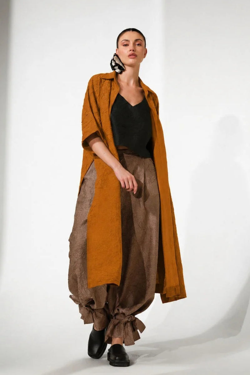 Grain Overlay-Ochre + Black crushed silk jacktes and overlays by Stoique in ochre, black for women Worldwide
