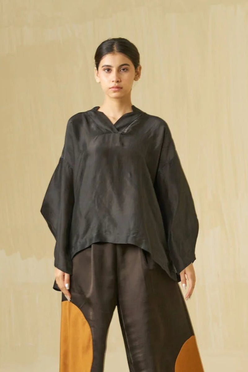 Beau Top-Black + Honey upada silk top/shirt by Stoique in black, honey for women Worldwide