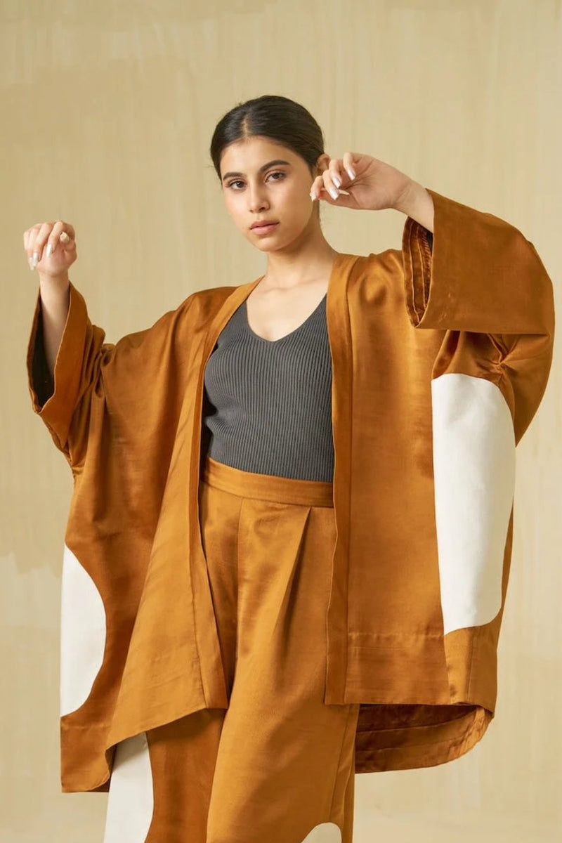 Blossom Jacket-Honey + Silver + Black satin linen jacket/overlay by Stoique in honey, silver, black for women Worldwide