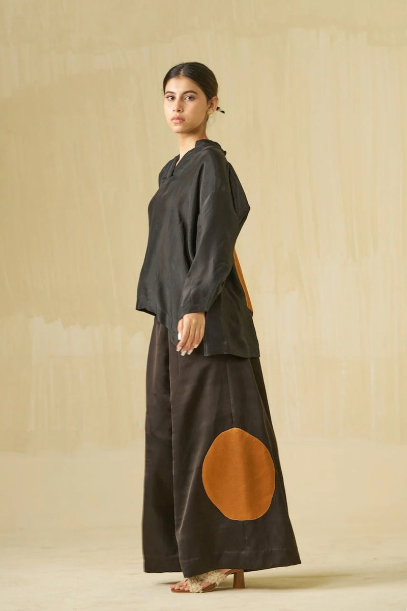 Blossom Pants-Black + Honey satin linen pant/trouser by Stoique in black, honey for women Worldwide