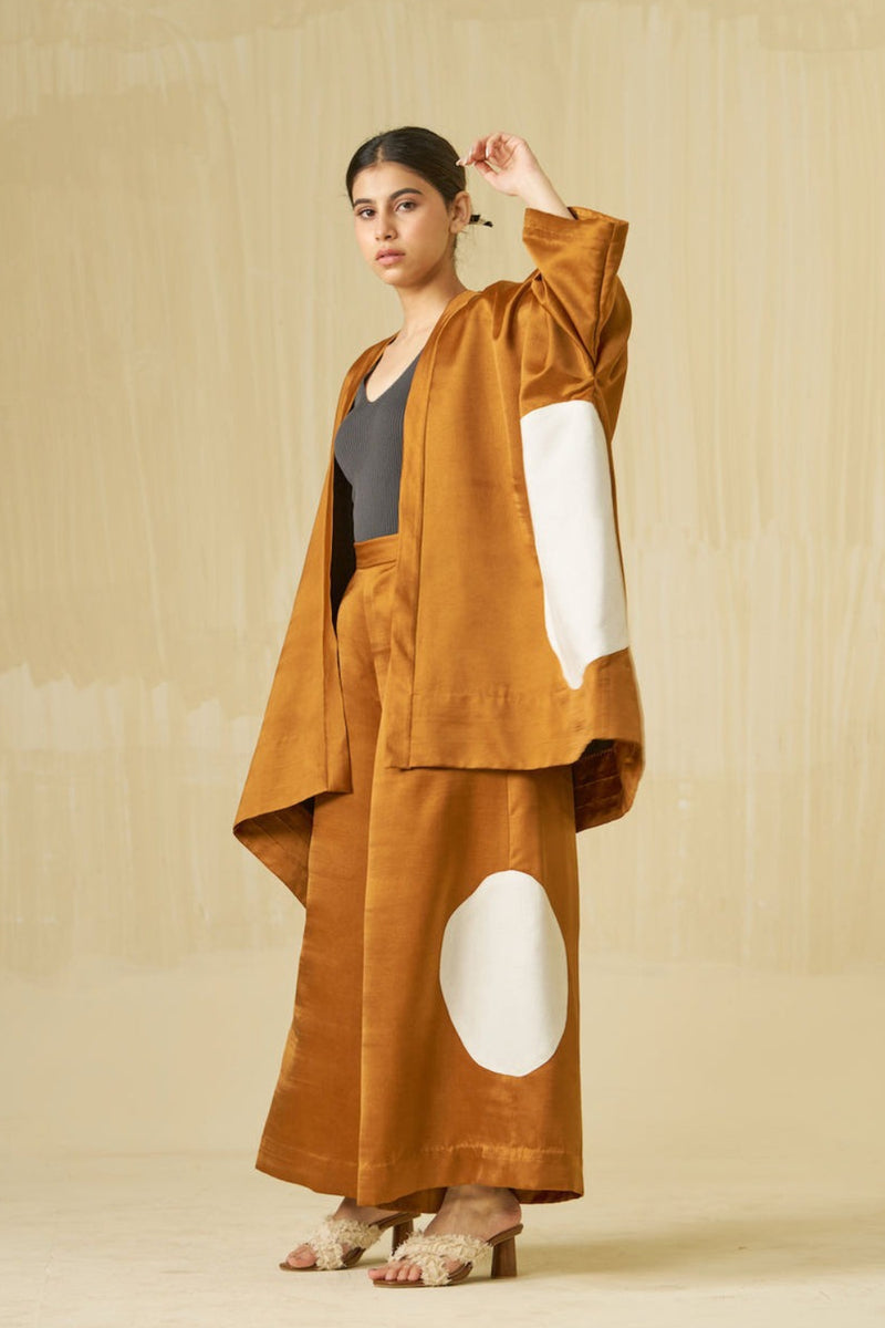 Blossom Pants-Honey + Silver satin linen pant/trouser by Stoique in honey, silver for women Worldwide