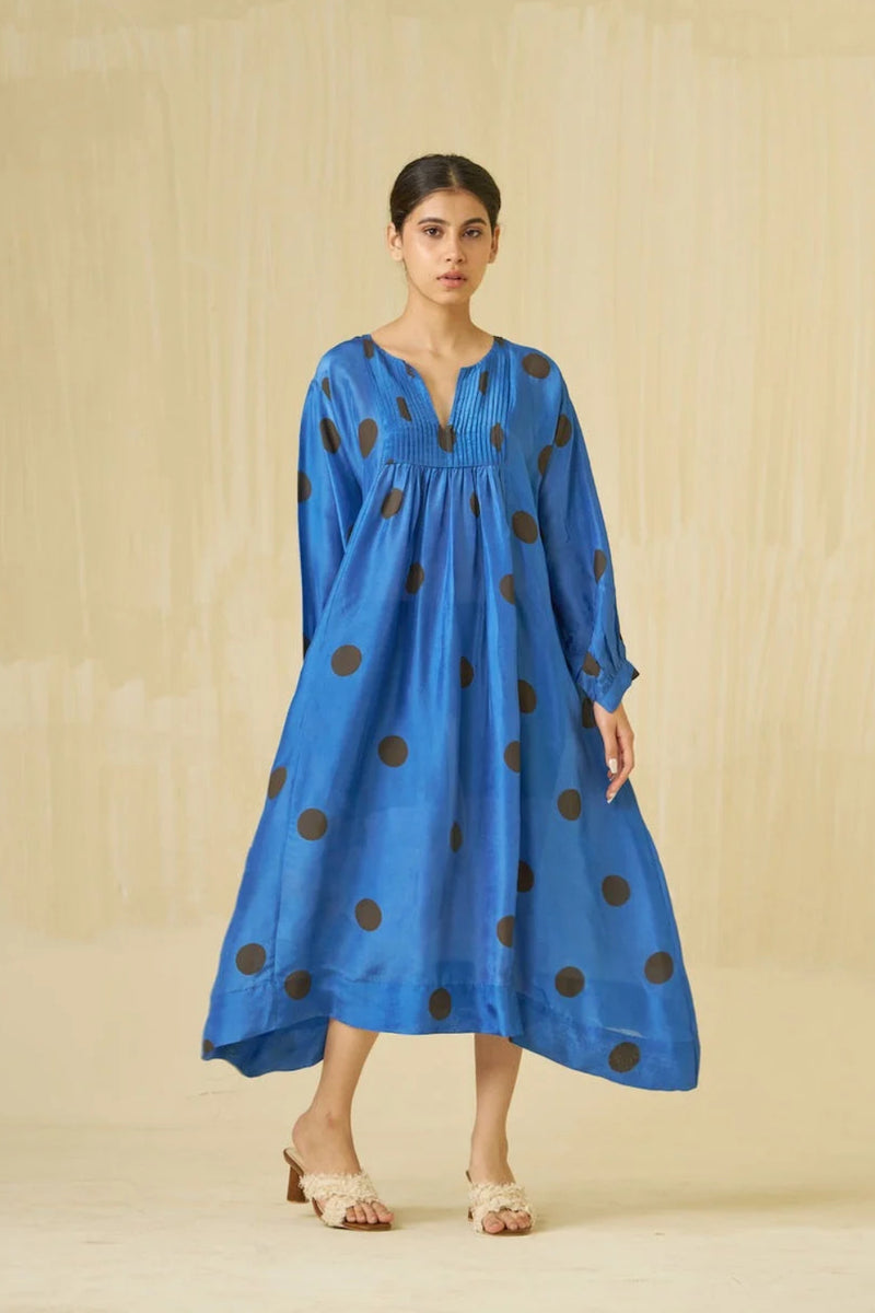 Button Dress-Sweet pea blue + Dark chocolate brown upada silk dress by Stoique in sweet pea blue, dark chocolate brown for women Worldwide
