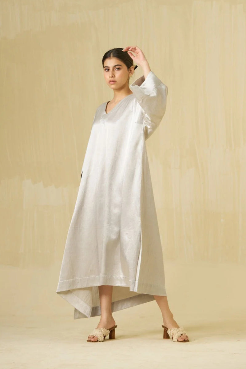 Cosmos Dress-Silver + Dark Chocolate mashru silk dress by Stoique in silver, dark chocolate for women Worldwide