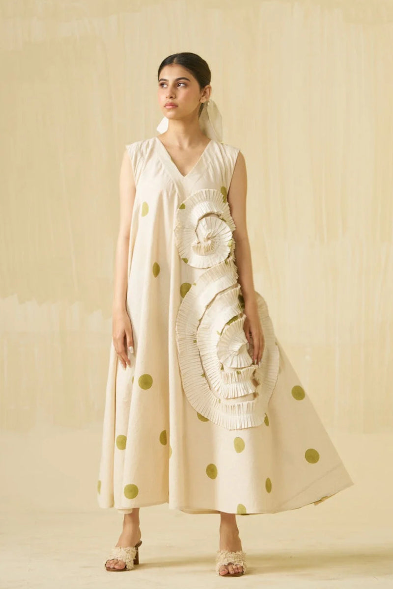Daffodil Dress-Natural + Sage handwoven cotton dress by Stoique in natural, sage for women Worldwide