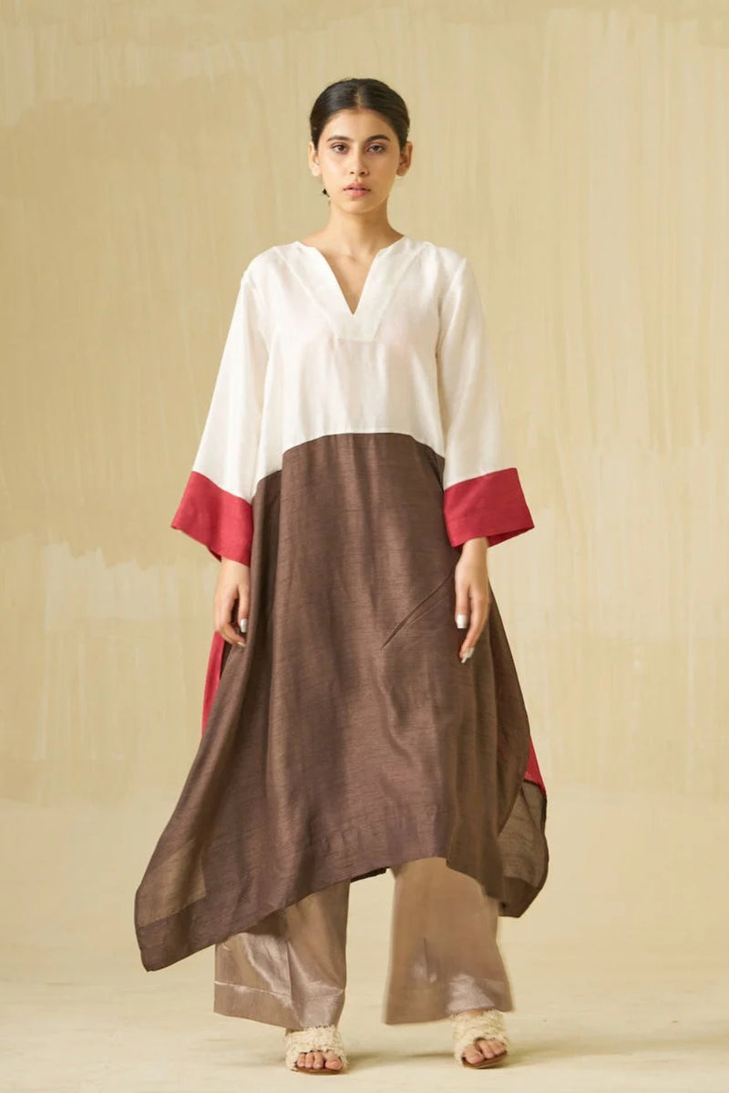 Dove Tunic-Ivory + Hibiscus + Cocoa mysore silk tunics and kaftans by Stoique in ivory, hibiscus, cocoa for women Worldwide