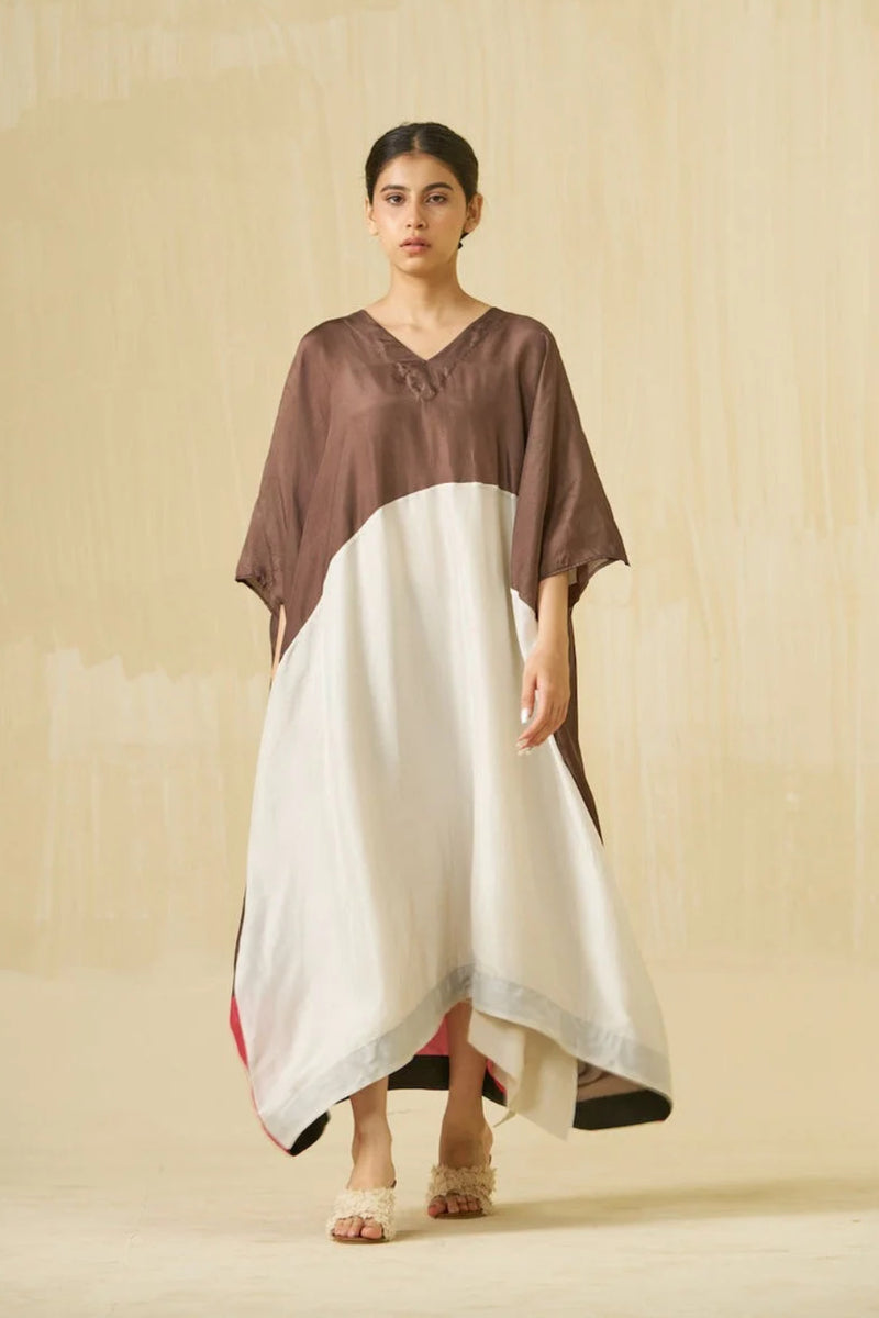 Kitten Dress-Cocoa + Silver + Hibiscus red upada silk dress by Stoique in cocoa, silver, hibiscus red for women Worldwide