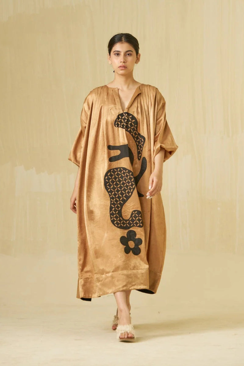Love Bug Dress-Gold + Black mashru silk dress by Stoique in gold, black for women Worldwide