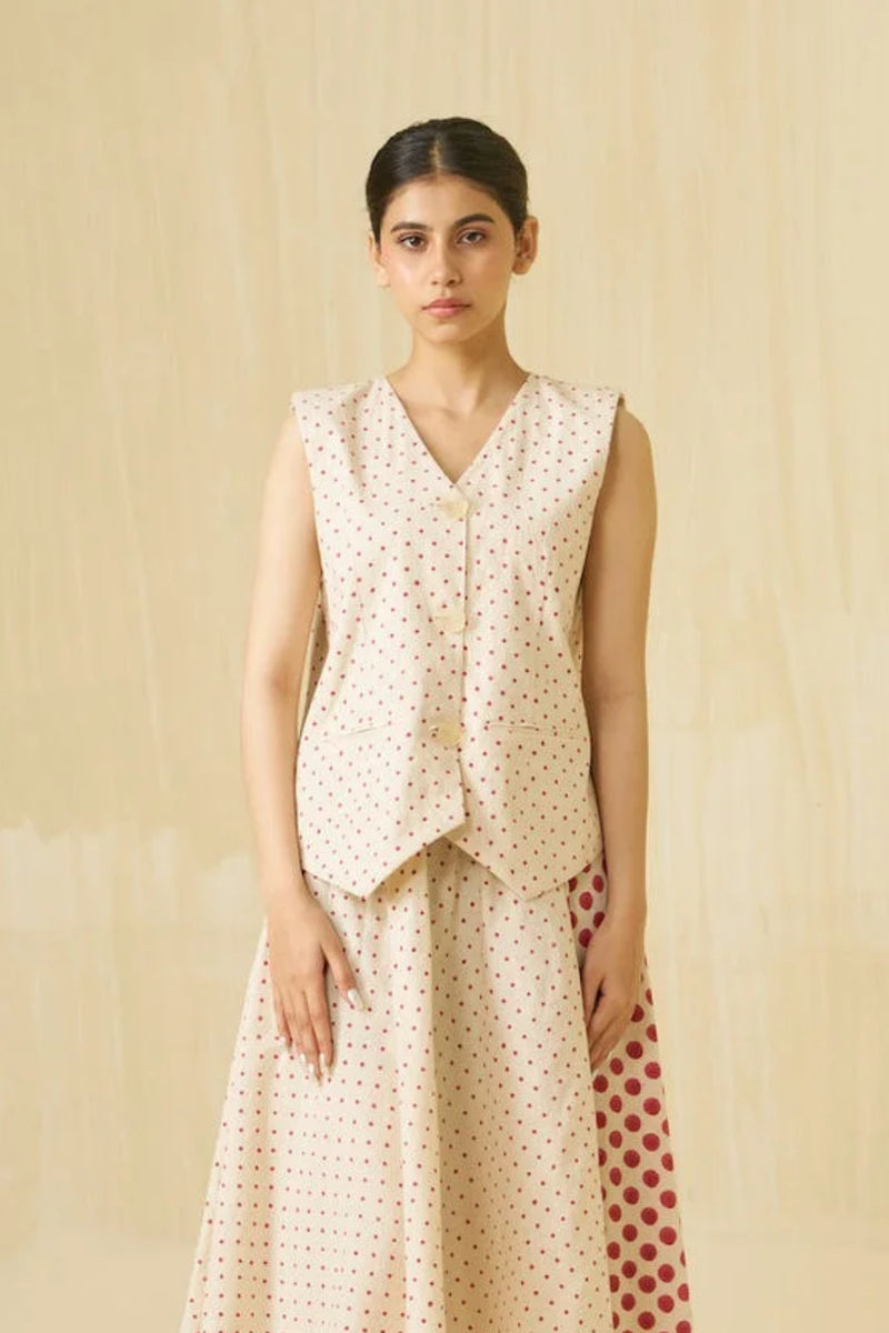 Muffin Vest-Natural + Hibiscus red handwoven cotton top/shirt by Stoique in natural, hibiscus red for women Worldwide