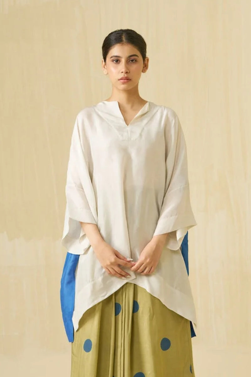 Penguin Top-Silver + Sweet pea blue upada silk top/shirt by Stoique in silver, sweet pea blue for women Worldwide