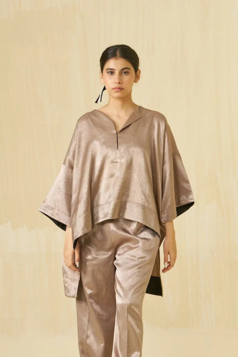 Pigeon Top-Taupe mashru silk top/shirt by Stoique in taupe for women Worldwide