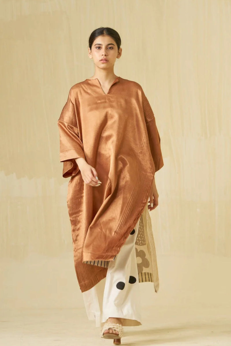 Sunshine Dress-Copper + Ivory + Black mashru silk + kala cotton dress by Stoique in copper, ivory, black for women Worldwide