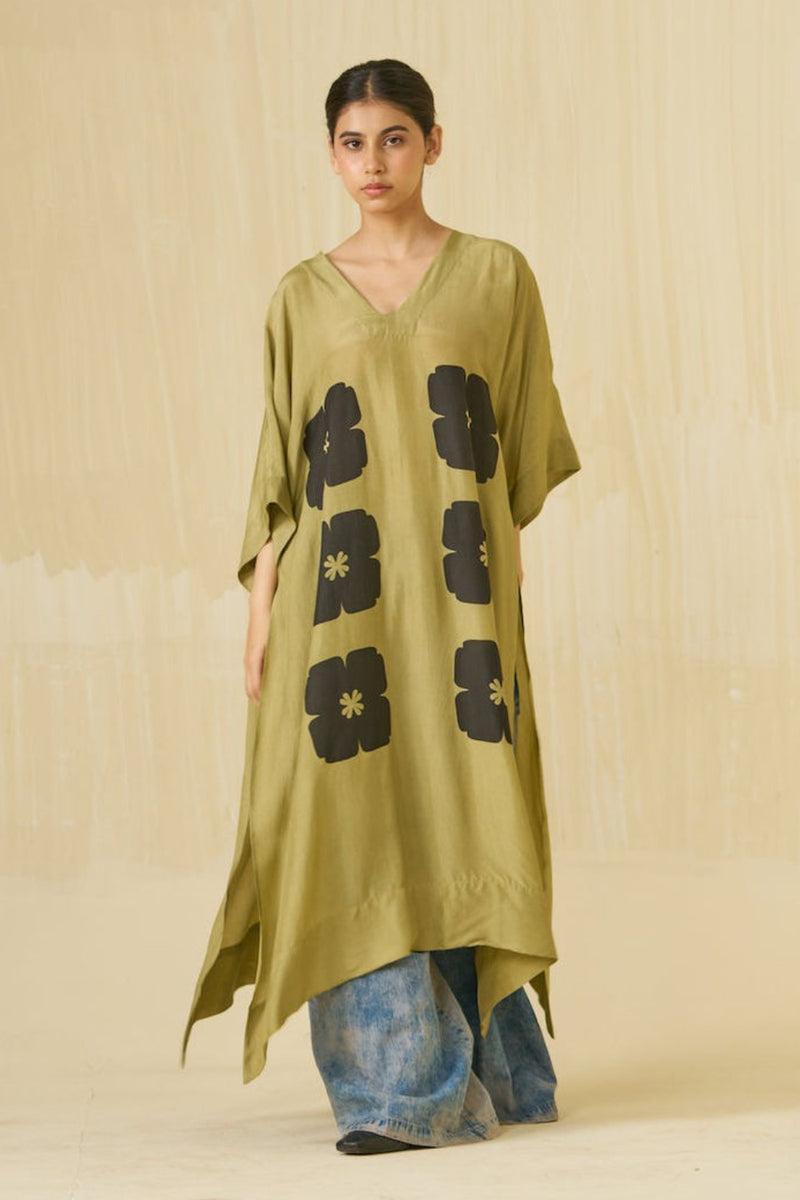 Swan Tunic-Sage + Black upada silk tunics and kaftans by Stoique in sage, black for women Worldwide