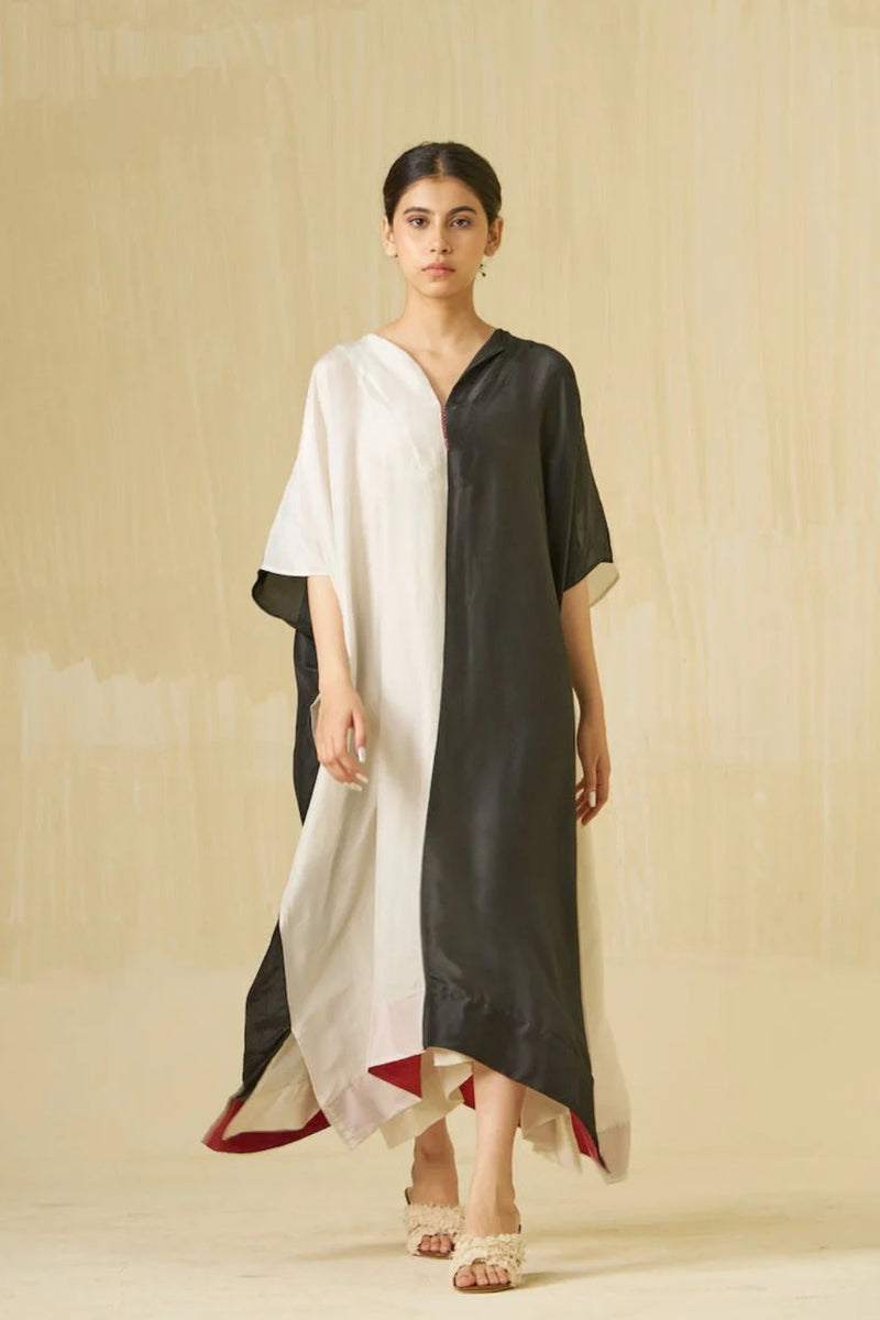 Moon Dress-Silver + Black upada silk dress by Stoique in silver, black for women Worldwide