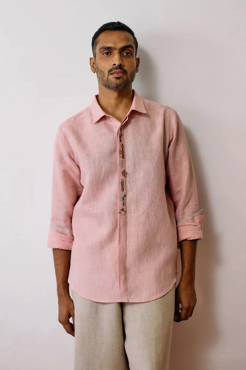 Ved Hand-Embroidered Bird Shirt-Pink linen shirt by Manan Men in pink for men Worldwide