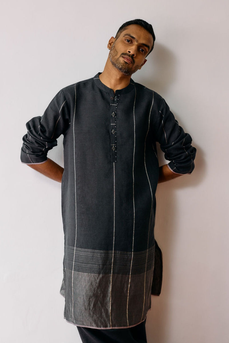 Jawahar Metallic Linen Kurta-Charcoal linen kurta/kurta set by Manan Men in charcoal for men Worldwide