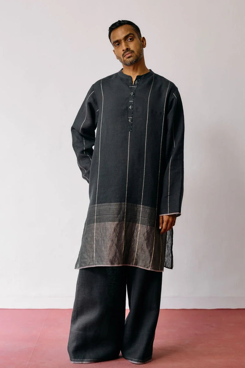 Jawahar Metallic Linen Kurta Set-Charcoal linen kurta/kurta set by Manan Men in charcoal for men Worldwide