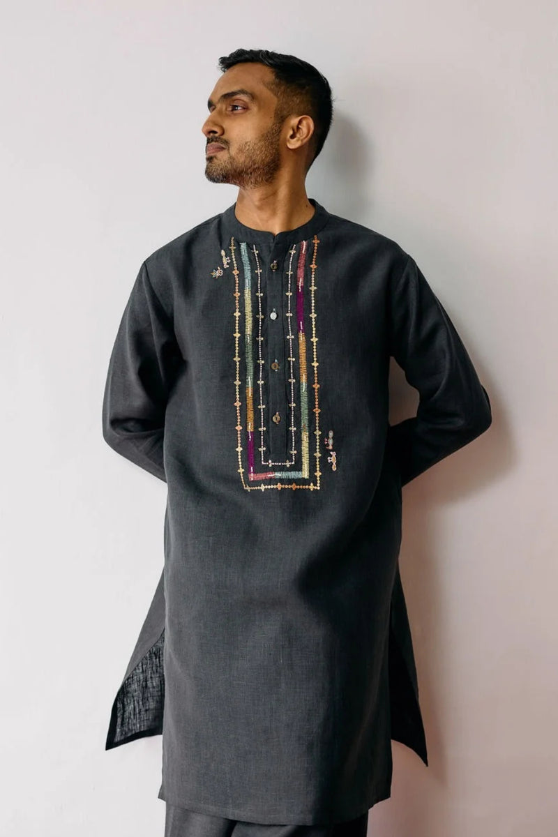 Keta Hand-Embroidered Linen Kurta-Charcoal linen kurta/kurta set by Manan Men in charcoal for men Worldwide