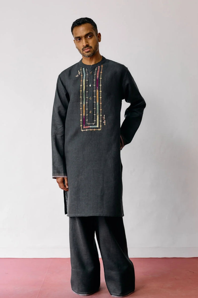 Keta Hand-Embroidered Linen Kurta Set-Charcoal linen kurta/kurta set by Manan Men in charcoal for men Worldwide