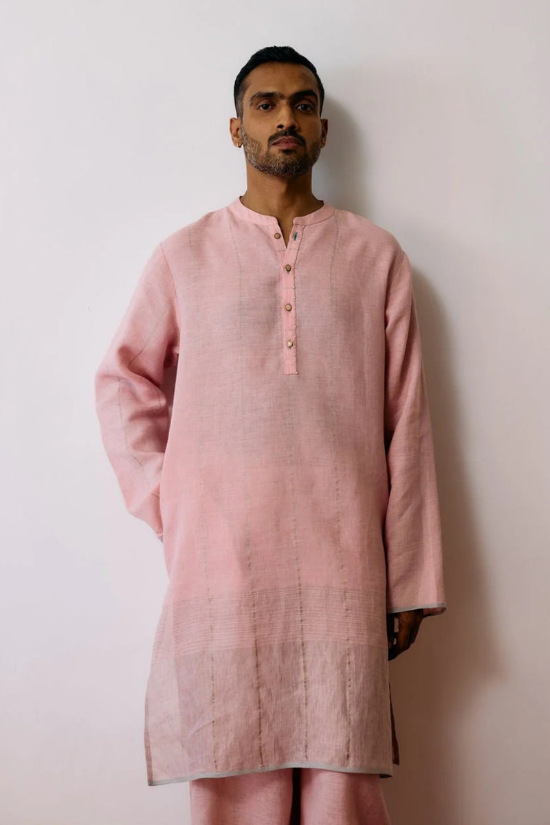 Jawahar Metallic Linen Kurta-Pink linen kurta/kurta set by Manan Men in pink for men Worldwide