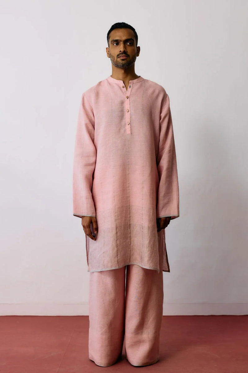Jawahar Metallic Linen Kurta Set-Pink linen kurta/kurta set by Manan Men in pink for men Worldwide