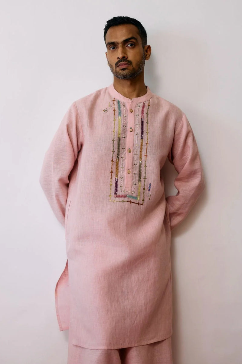 Keta Hand-Embroidered Linen Kurta-Pink linen kurta/kurta set by Manan Men in pink for men Worldwide